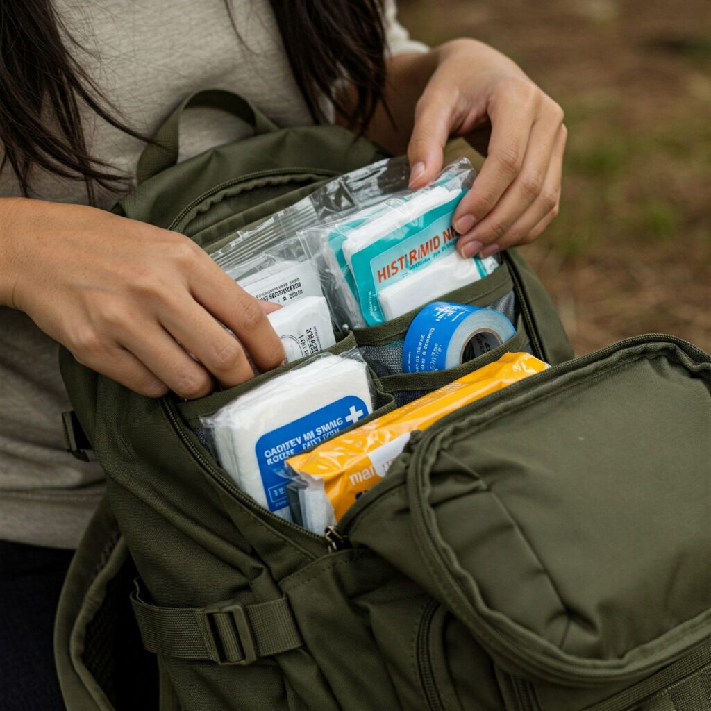 Primer plano detallado de una persona empacando un botiquín de primeros auxilios en una mochila verde. Se ven vendas, gasas, toallitas antisépticas y otros suministros médicos esenciales