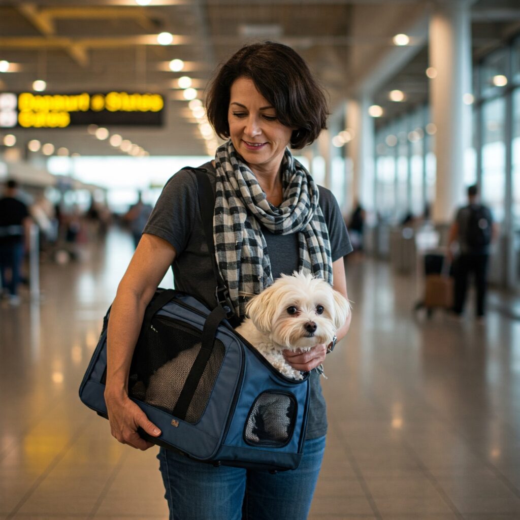 Una mujer de mediana edad con pelo corto y castaño oscuro sostiene con cuidado un transportín de mascotas en una terminal de aeropuerto concurrida. El transportín es de tela suave, de color azul oscuro, con parte superior de malla y contiene un perro Bichon Frise blanco y esponjoso. Lleva una camiseta cómoda gris oscuro y pantalones vaqueros, y una bufanda a cuadros negra y tostada alrededor del cuello. El aeropuerto está lleno de gente y equipaje, con una cálida luz amarilla y letreros de puertas de salida, y grandes ventanas que muestran el cielo azul brillante afuera. La foto es vibrante y natural, capturando los tonos cálidos y el momento alegre de la experiencia en el aeropuerto.