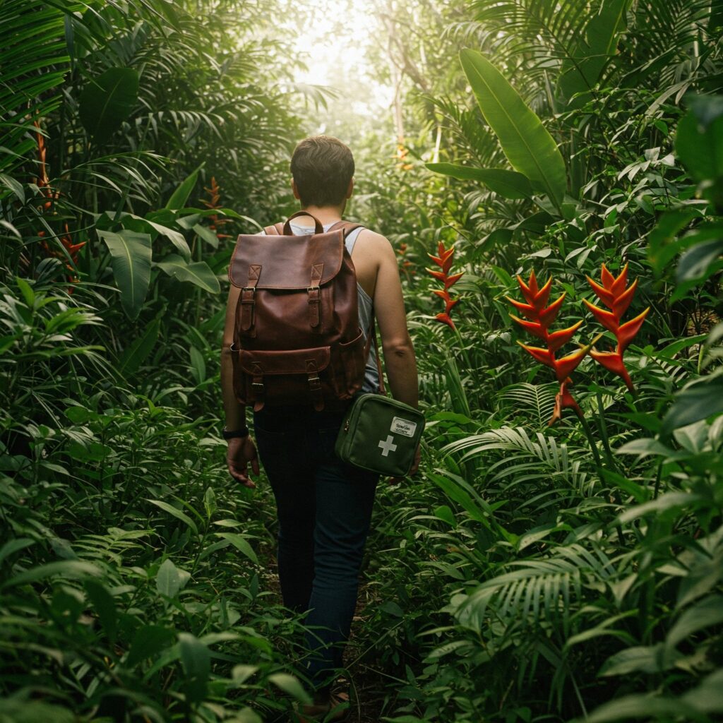 Persona caminando por un bosque tropical con una mochila de cuero y un botiquín de primeros auxilios verde. Se ve vegetación exuberante y luz solar filtrada.