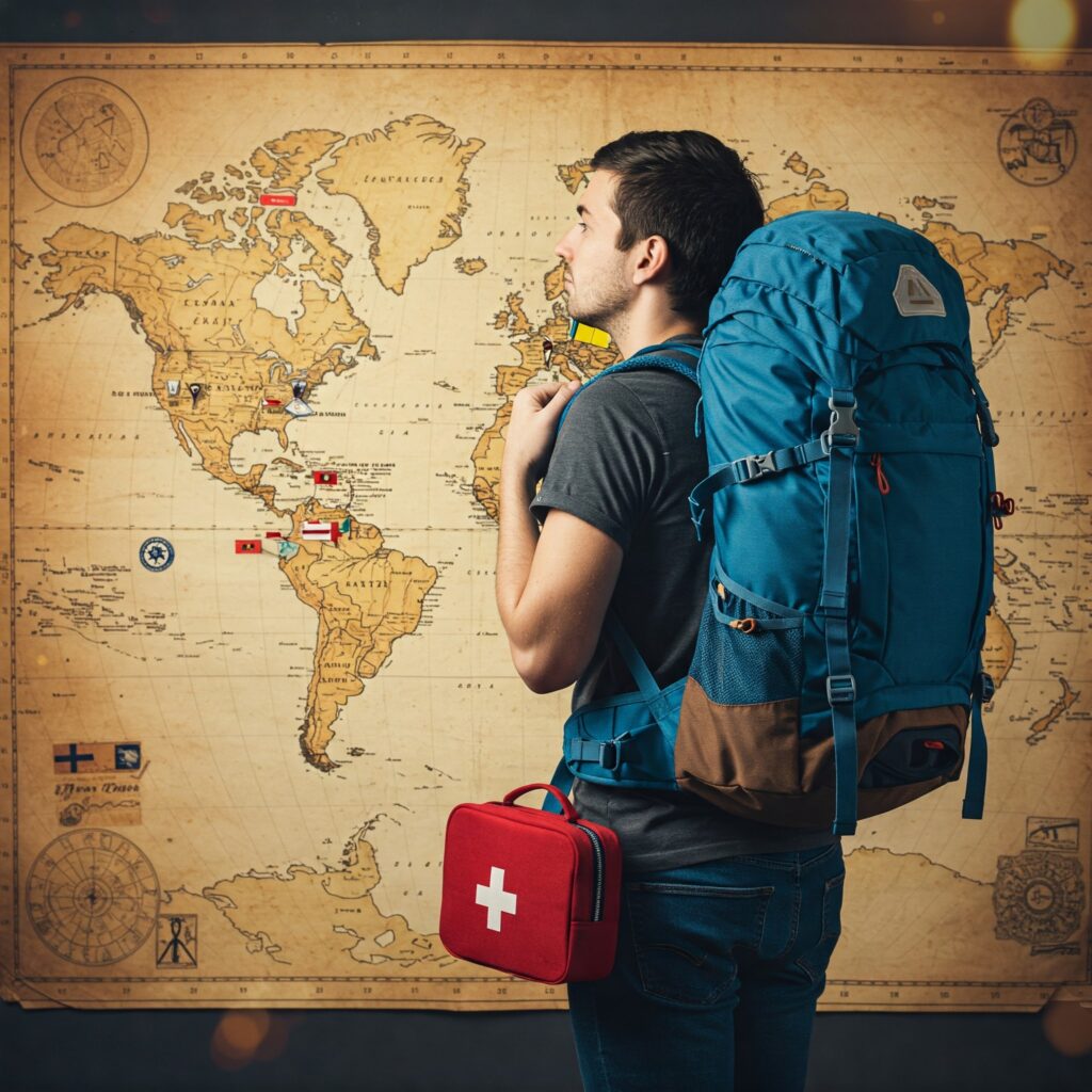 Una persona con una mochila azul vibrante y un clásico botiquín de primeros auxilios rojo está de pie atentamente frente a un mapa antiguo y descolorido del mundo. El mapa del mundo está lleno de pequeñas banderas y pegatinas, que muestran una colección de lugares planeados y visitados. La persona tiene una mirada contemplativa y una expresión neutral con una sutil sonrisa que insinúa emoción por su futuro viaje. La persona lleva ropa informal, adecuada para viajar. Una luz suave y natural se proyecta sobre la persona y el mapa antiguo, creando un ambiente cálido y acogedor. Hay un sutil efecto bokeh en el fondo, que destaca el mapa y la persona que está de pie frente a él. La imagen en general es de viaje, exploración y preparación para aventuras en tierras desconocidas.